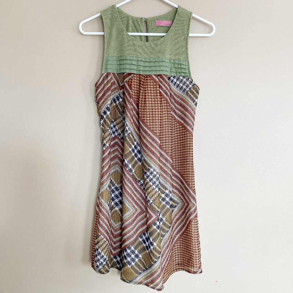 Brown green houndstooth 70’s babydoll dress sz xs